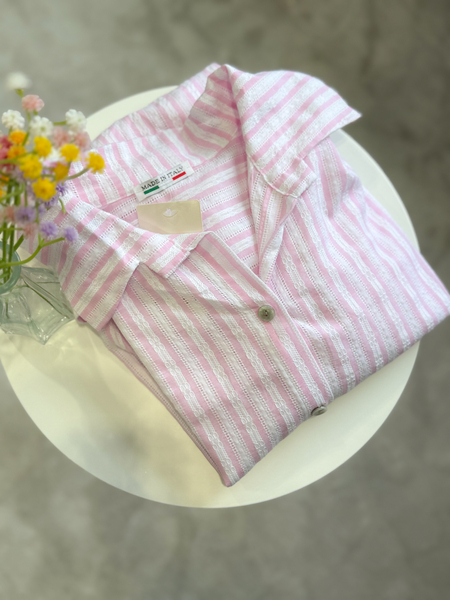 Różowa ażurowa bawełniana koszula w paski