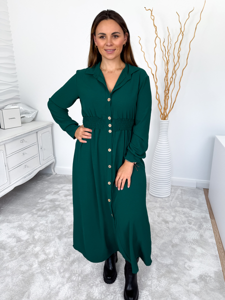 Butelkowa zieleń szmizjerka maxi zapinana na guziki