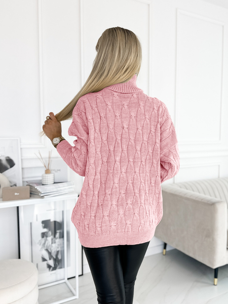 Pudrowy róż luźny sweter z golfem Amore