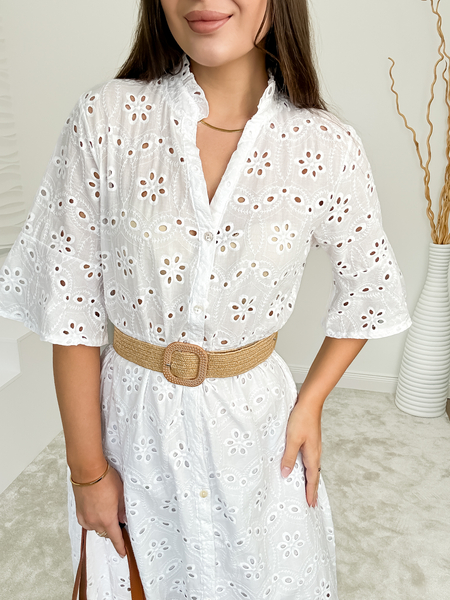 Biała ażurowa sukienka z paskiem Primrose