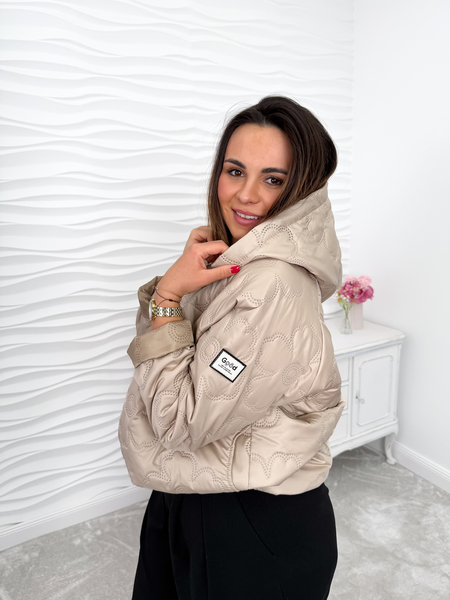 Beżowa pikowana kurtka z kapturem Flower