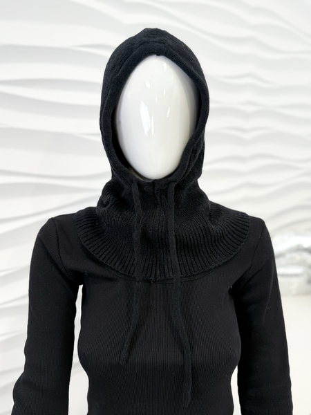 Czarna balaklawa z wełną komin z kapturem