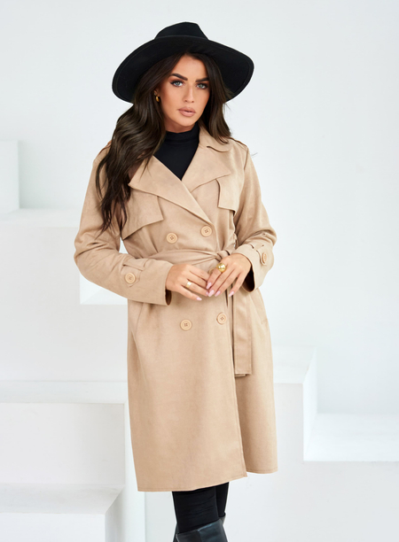 Beżowy długi zamszowy płaszcz