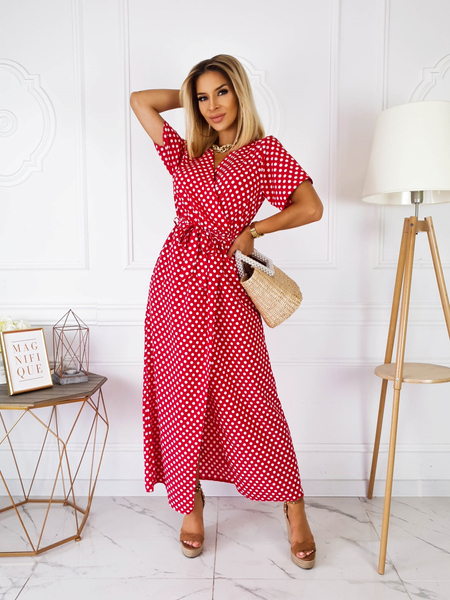 Czerwona długa sukienka w kropki Coral
