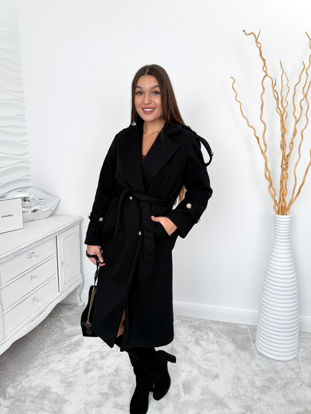 Czarny płaszcz jodełka z paskiem