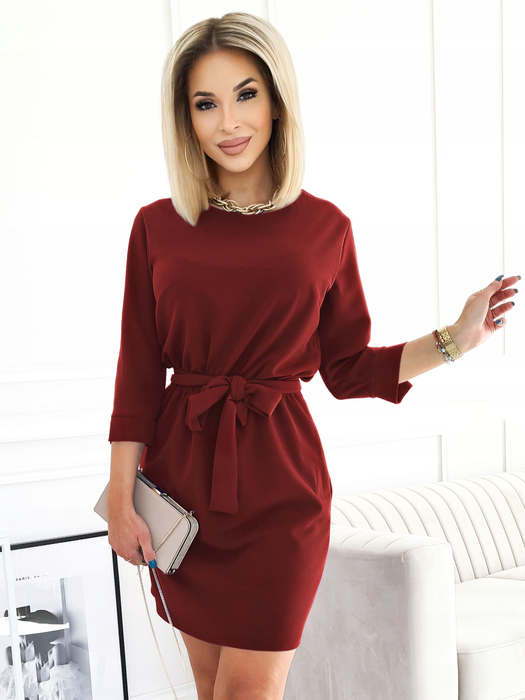Bordo elegancka sukienka wiązana w talii