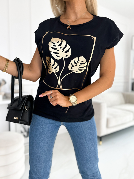 Czarny t- shirt ze złotą aplikacją monstery