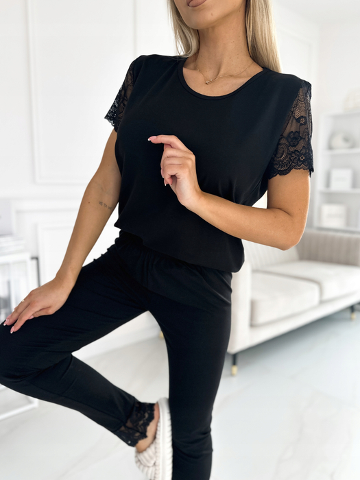 Czarna piżama bluzka ze spodniami koronkowy rękaw