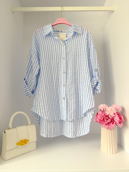 Błękitna ażurowa bawełniana koszula w paski