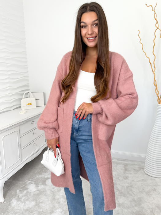 Różowy długi kardigan fluffy