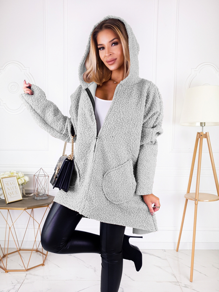 Szary płaszcz baranek z kapturem