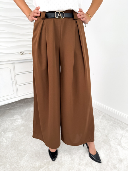 Czekoladowe szerokie spodnie palazzo z paskiem Paloma