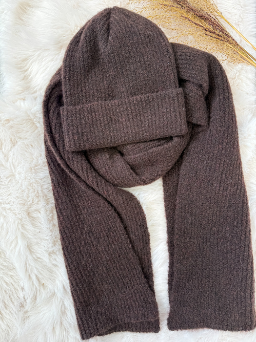 Czekoladowy komplet moher i wełna czapka + szalik