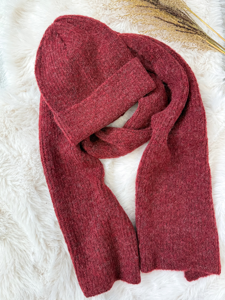 Bordowy komplet moher i wełna czapka + szalik