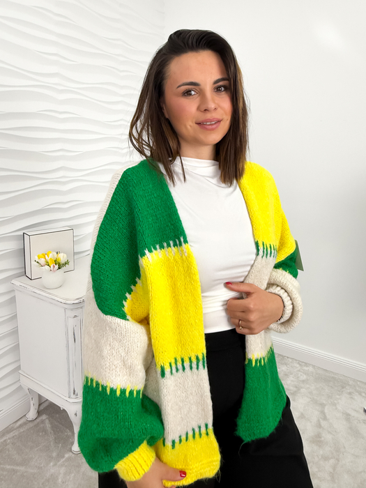 Żółto-zielony kardigan w stylu patchwork łaty
