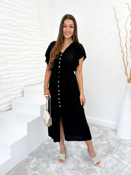 Czarna sukienka z guzikami i falbaną na rękawie Daria