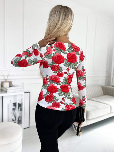 Biała bluzka z kwadratowym dekoltem w róże