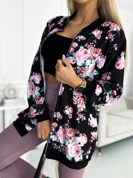 Czarna długa bomberka z motywem kwiatowym