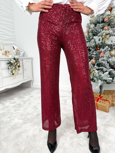 Bordowe cekinowe spodnie o prostym fasonie
