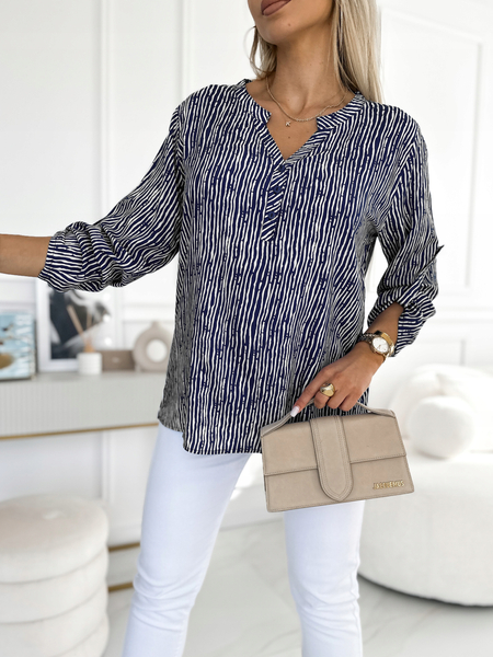 Granatowa Kobieca Koszula Luźna Bluzka 3/4 Paski Duże Rozmiary