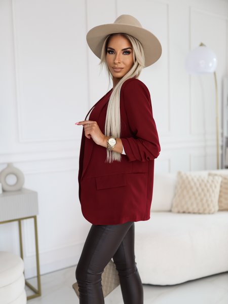 Bordowa elegancka marynarka z marszczeniem na rękawach