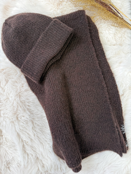 Czekoladowy komplet moher i wełna czapka + szalik