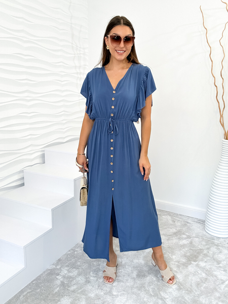 Jeansowa sukienka z guzikami i falbaną na rękawie Daria