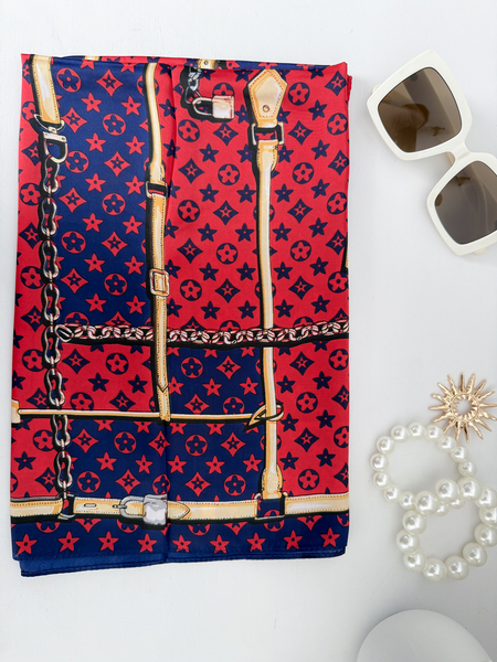 Czerwono - niebieska apaszka wzór łańcuchy