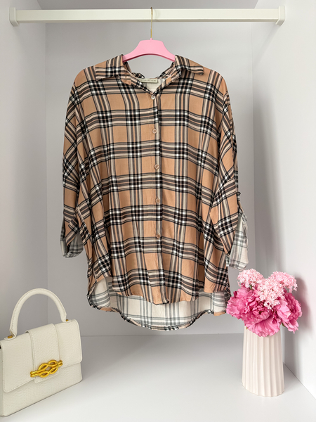 Beżowo-czarna koszula w kratkę