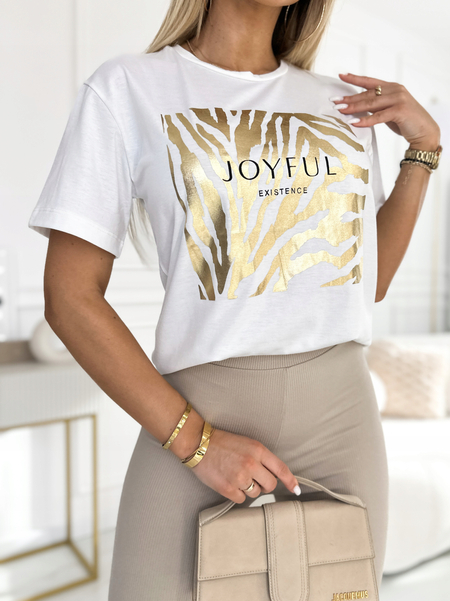 Biały t- shirt ze złotym motywem zebry