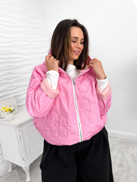 Różowa pikowana kurtka z kapturem Flower