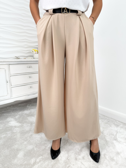 Beżowe szerokie spodnie palazzo z paskiem Paloma