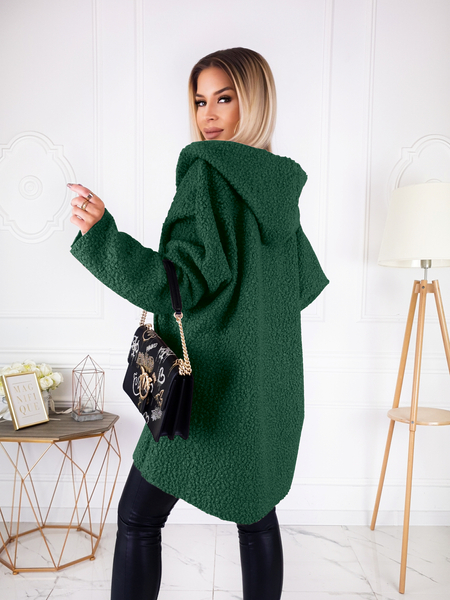 Butelkowa zieleń płaszcz baranek z kapturem