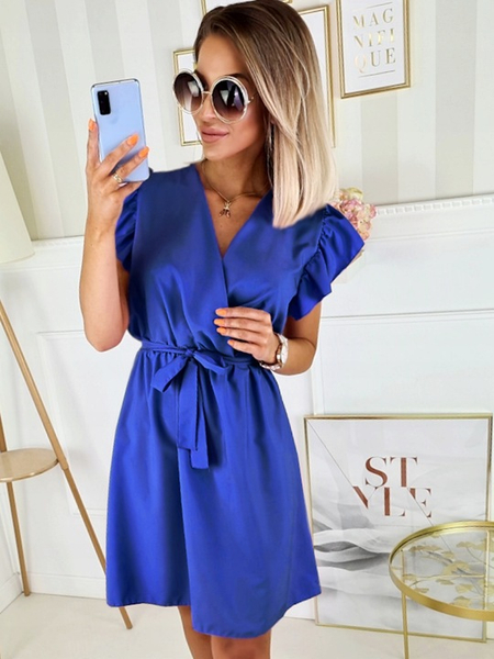 Chabrowa krótka sukienka rękaw motylek