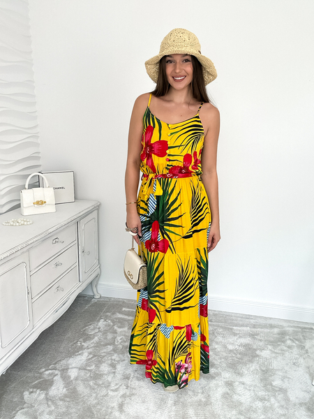 Żółta sukienka we wzory z paskiem Carla II