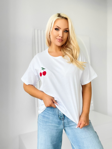 Biały klasyczny t-shirt z naszywanym wzorem wiśni