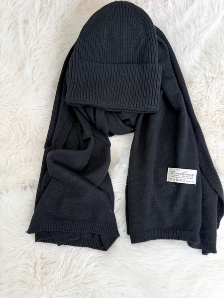 Czarny z kaszmirem i wełną komplet czapka + szalik