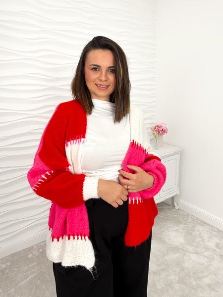 Fuksja-czerwony kardigan w stylu patchwork łaty