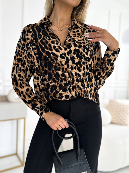 Brązowo czarna Kobieca Luźna Koszula Oversize Bawełna Panterka