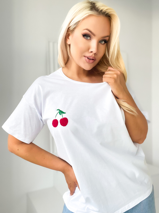 Biały klasyczny t-shirt z naszywanym wzorem wiśni