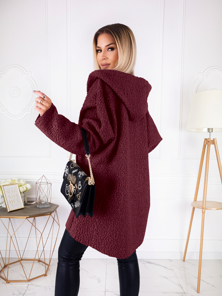 Burgundowy płaszcz baranek z kapturem
