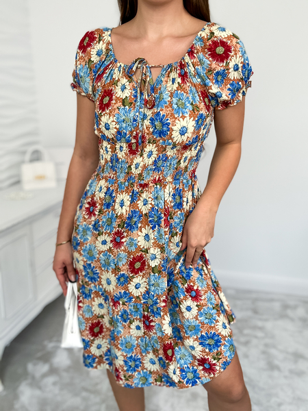 Niebieska sukienka z wiązaniem przy dekolcie Marcia