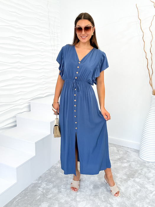 Jeansowa sukienka z guzikami i falbaną na rękawie Daria