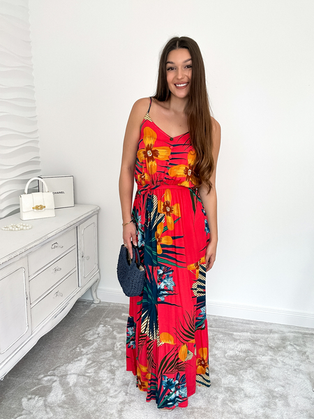 Czerwona sukienka we wzory z paskiem Carla II