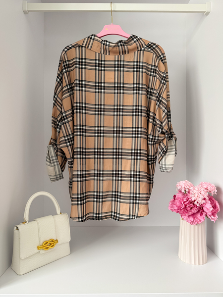 Beżowo-czarna koszula w kratkę