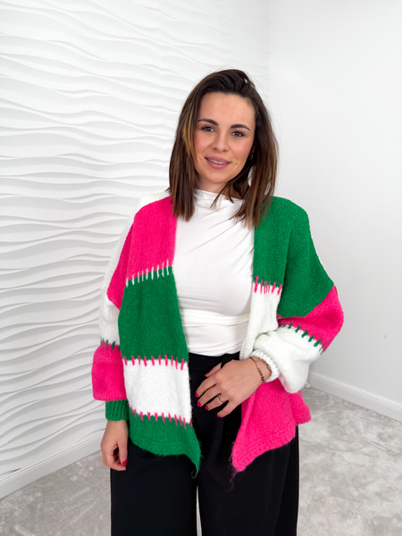 Fuksja-zielony kardigan w stylu patchwork łaty