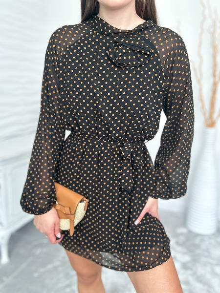 Czarna sukienka w brązowe kropki Arianna