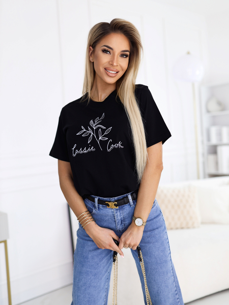 Czarny t-shirt z wzorem listków