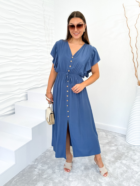 Jeansowa sukienka z guzikami i falbaną na rękawie Daria