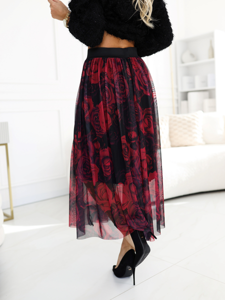 Czarna spódnica tiulowa w czerwone róże